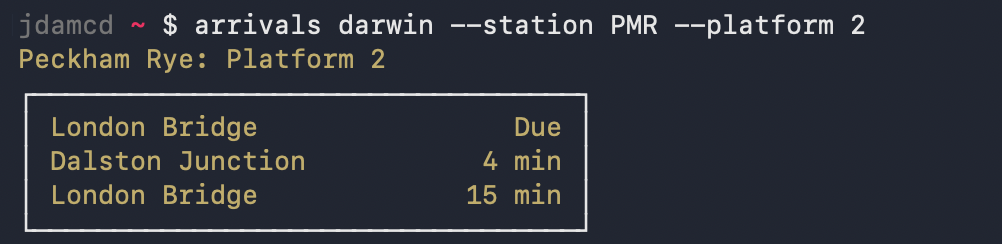 Arrivals CLI output (human readable version)