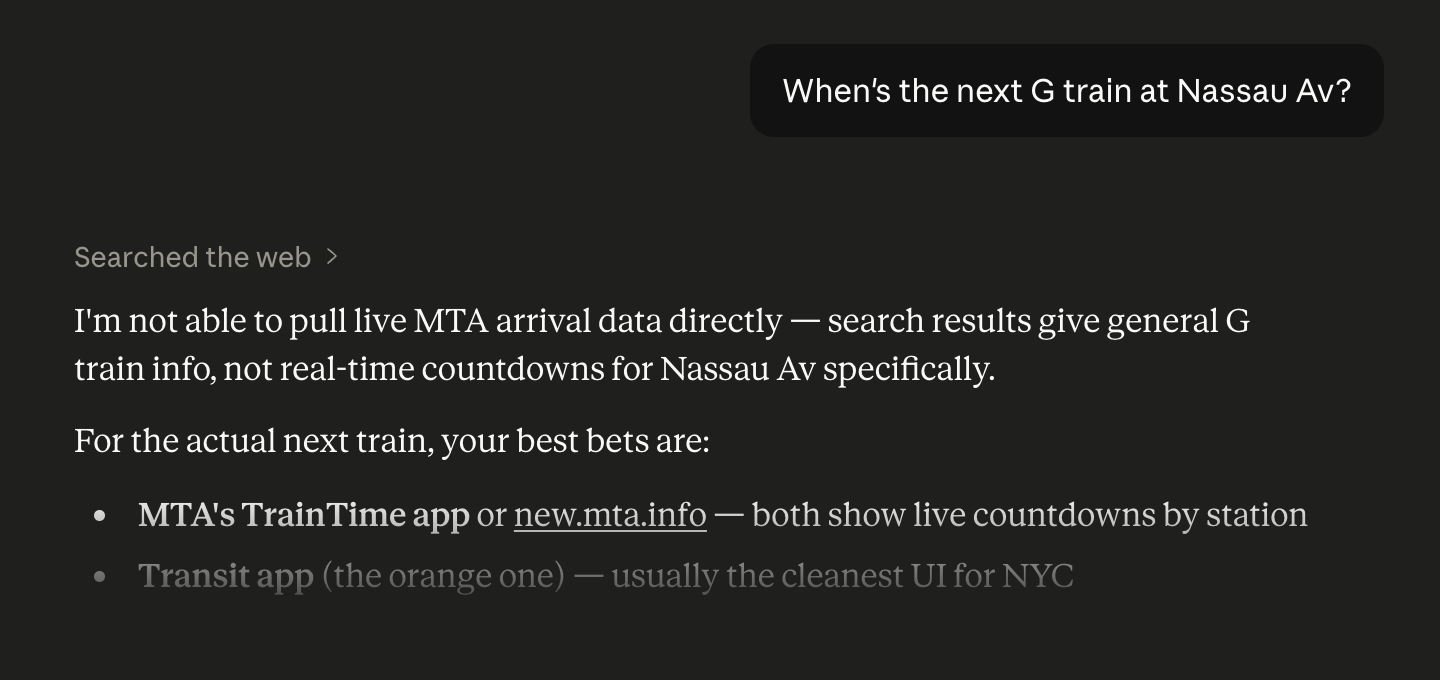 Asking the same question without gtfs-mcp connected
